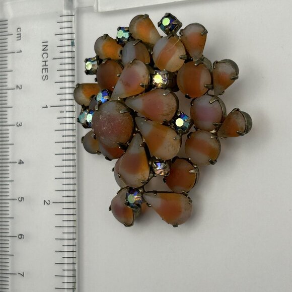 Vintage 1950s Orange Givre Glass Cabochon Arora Borealis Rhinestone Brooch - Picture 9 of 15
